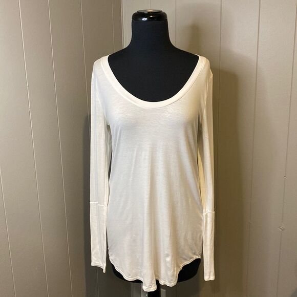 Three Dots Small Longsleeve T-Shirt Wide Crewneck Round Hem Part Ribbed Sleeve - Picture 1 of 7